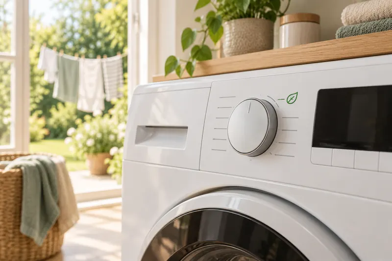 Bedienblende einer Waschmaschine mit Eco-Symbol, im Hintergrund Wäsche auf der Leine