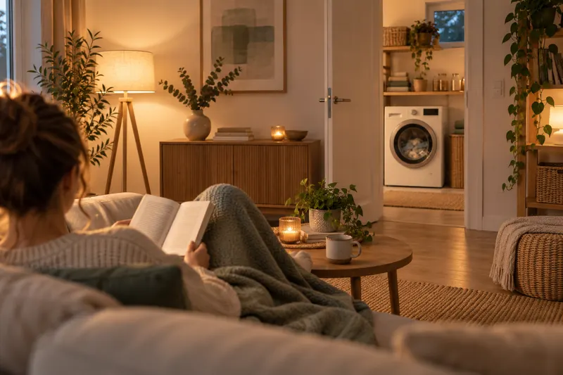 Entspannt lesende Person im Wohnzimmer, im Hintergrund läuft die Waschmaschine