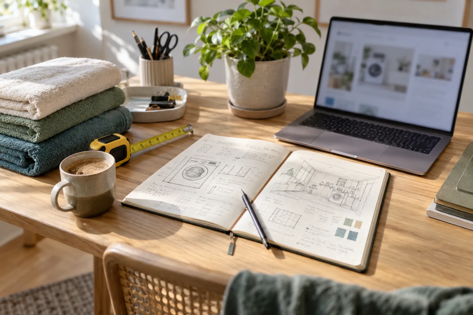 Heller Holzschreibtisch mit Notizbuch, Maßband, Handtüchern, Kaffee und Laptop